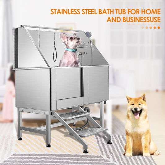 50 Inches Professional Stainless Steel Pet Dog Grooming Bath Tub Station Wash Shower Sink with Faucet Walk in Ramp Accessories