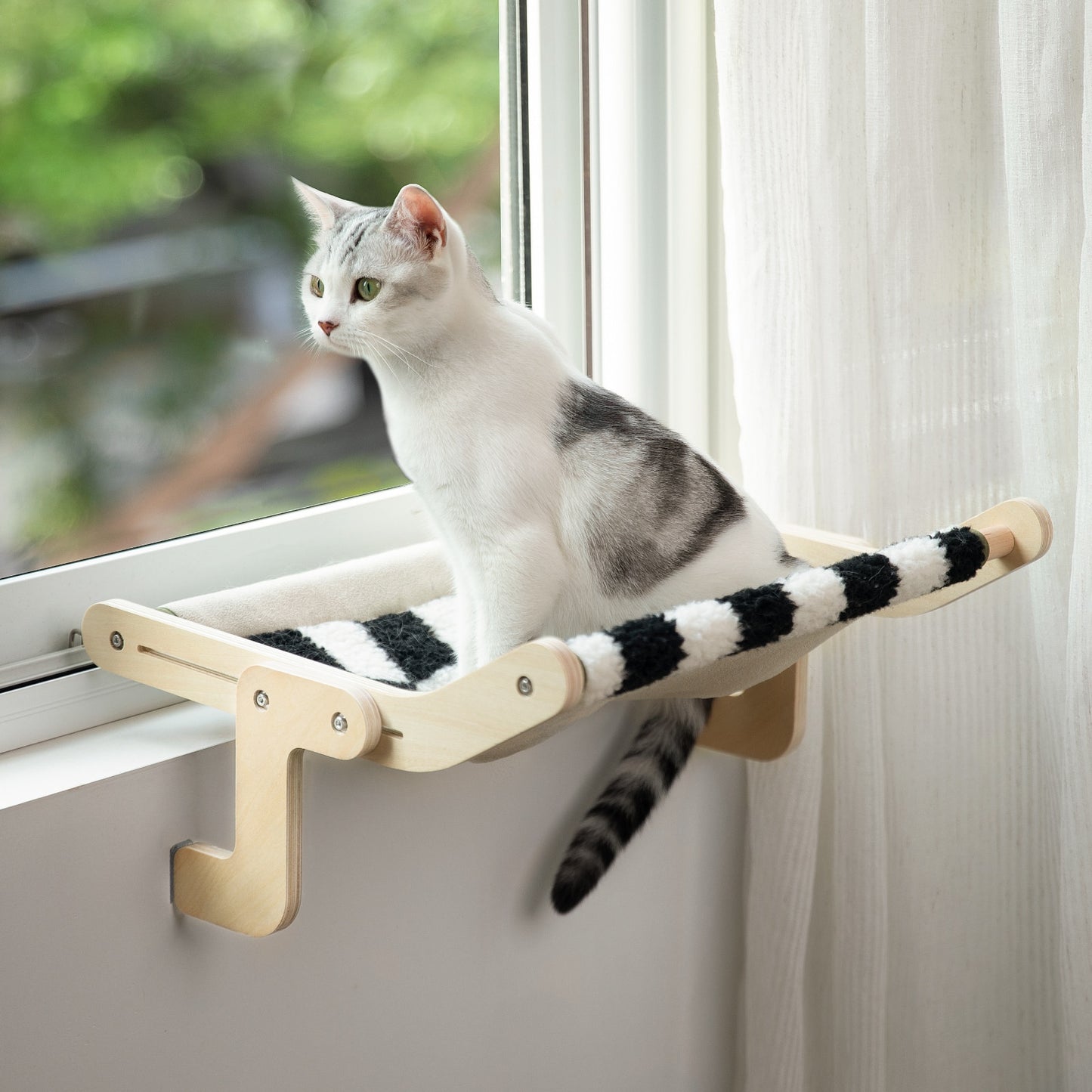 Mewoofun Cat Window Perch Wooden Assembly Sturdy Hanging Hammock Cotton Canvas Easy Wash Multilayer Plywood Sunbathing Cat Nest