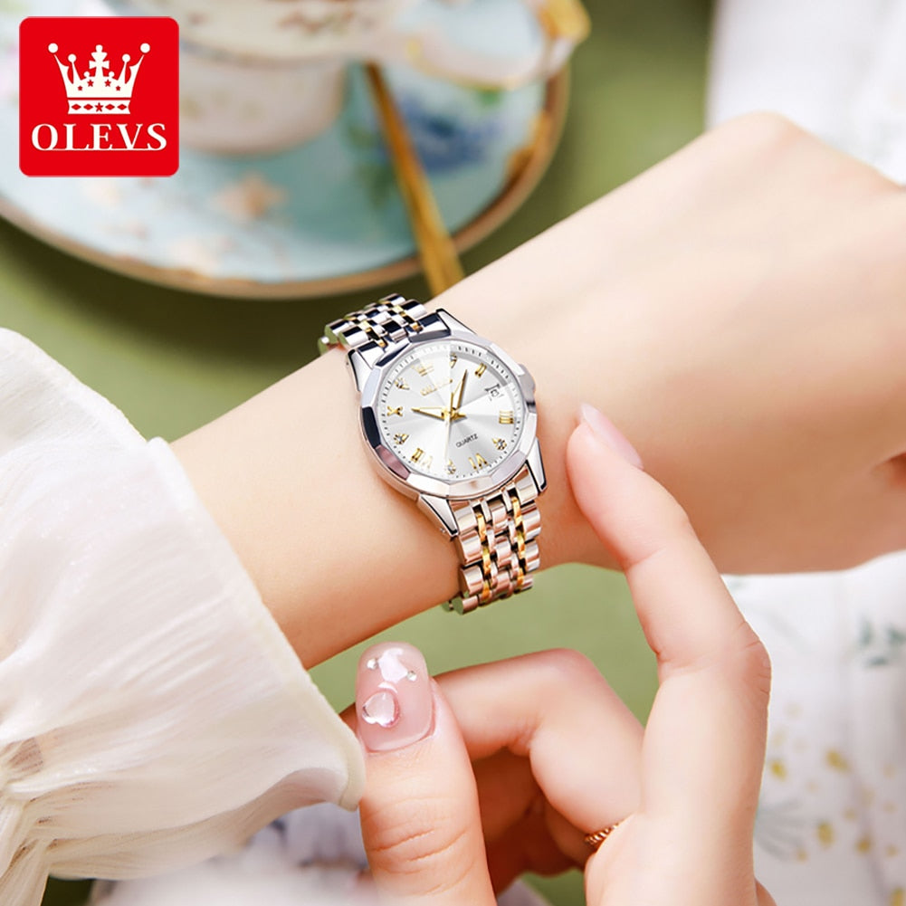 OLEVS Quartz Stainless Steel Dual Calendar Luxury Top Brand Waterproof Ladies Watches