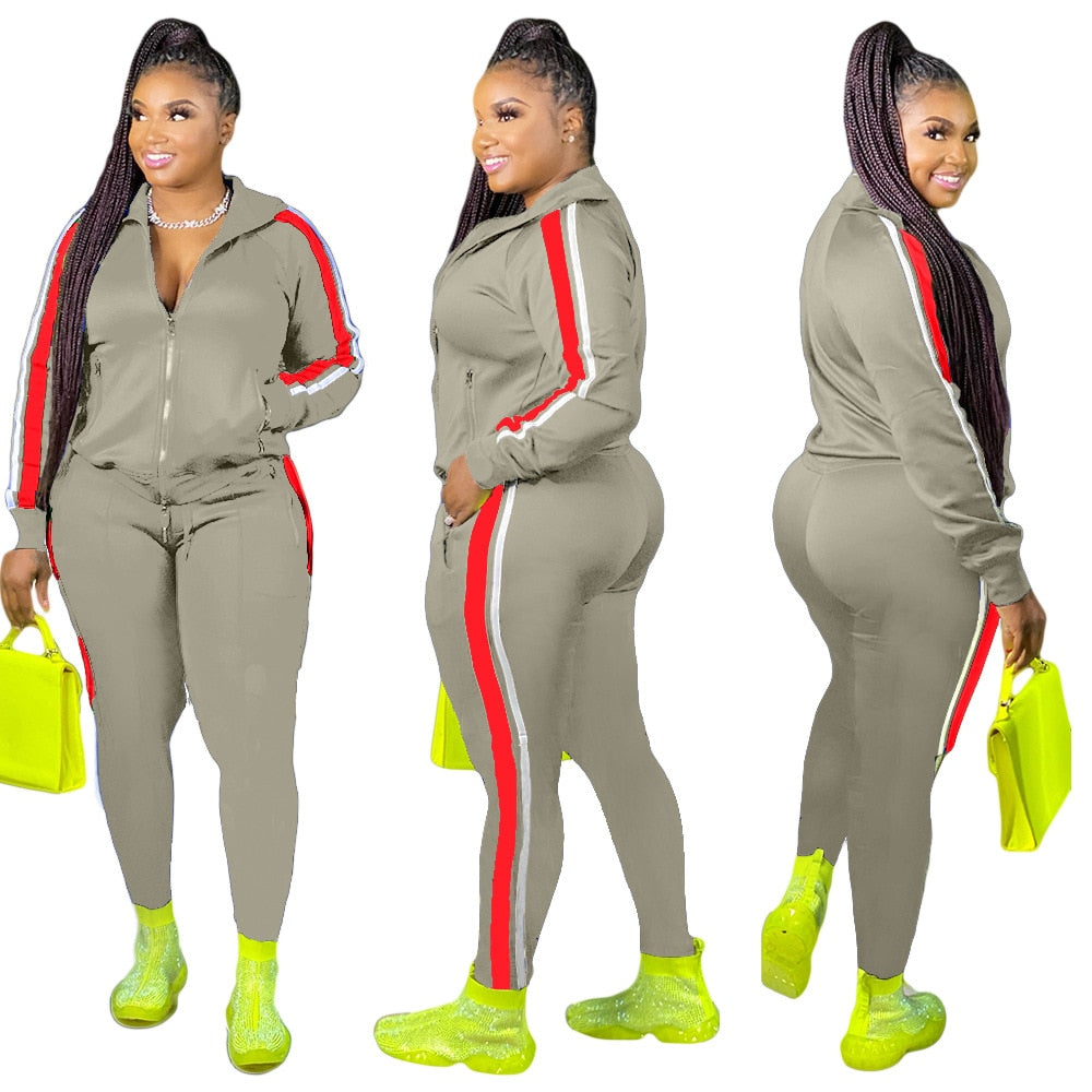 LW Plus Size Hooded Collar Patchwork Tracksuit Set Sweatsuit Joggers Outfit Zip - DJVWellnessandPets