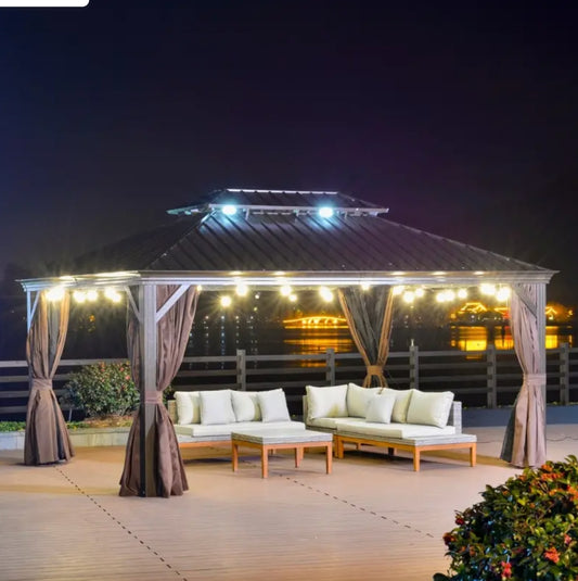 16&#39; x 12&#39; Outdoor Hard Top Terrace Gazebo with Galvanized Steel Frame, Mesh Sidewalls, Privacy Curtains, Brown - DJVWellnessandPets