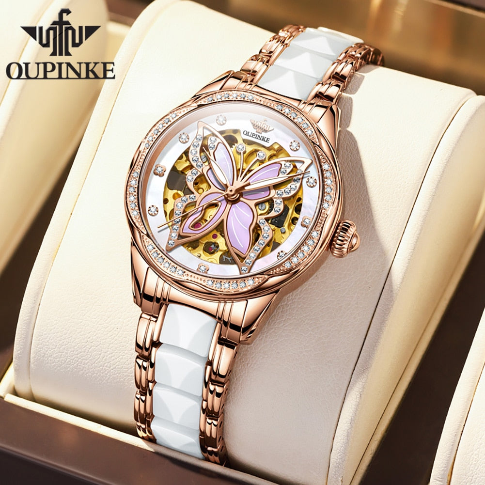 OUPINKE Automatic Luxury Sapphire Crystal Mirror Elegant Ceramics Band Ladies Wristwatch