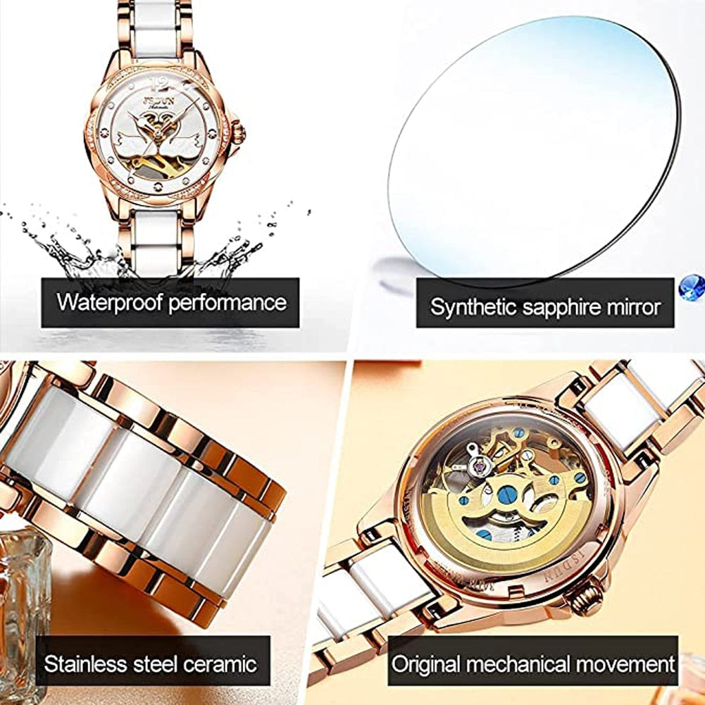 Luxury Mechanical Love Swan Design Elegant Ceramics Strap Waterproof  Watch - DJVWellnessandPets