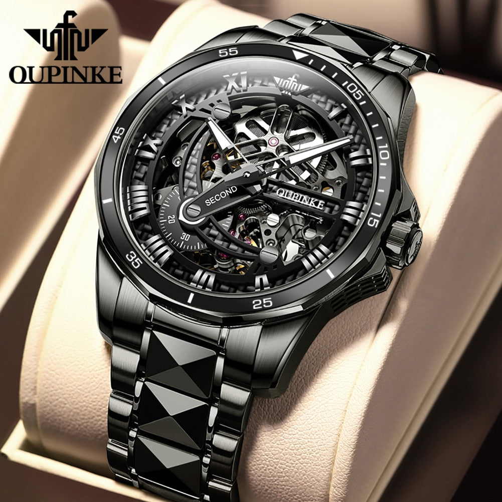 Black Skeleton Luxury Automatic Mechanical Sapphire Crystal Tungsten Steel Waterproof Luminous Watch - DJVWellnessandPets