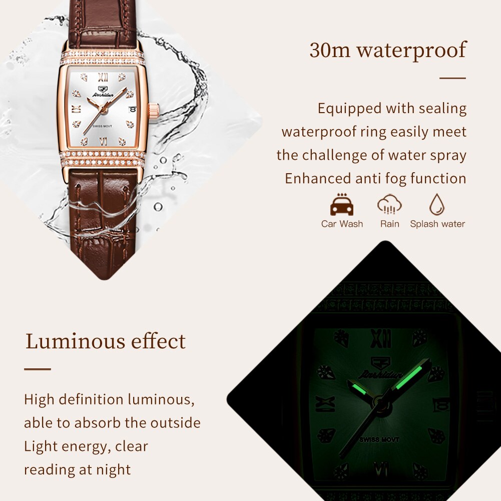 JSDUN Luxury Diamond Dial Leather Wristband Fashion Square Rose Gold Quartz Wrist - DJVWellnessandPets