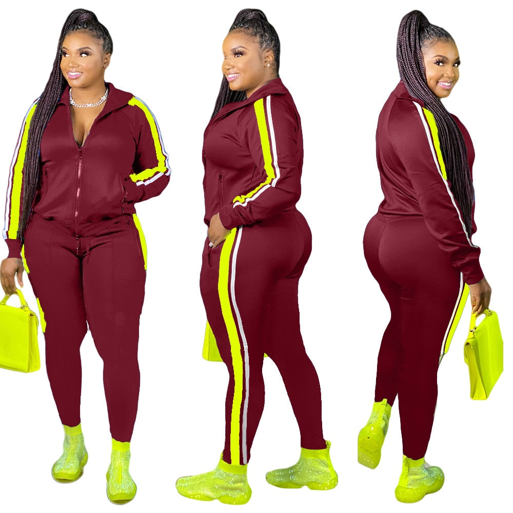 LW Plus Size Hooded Collar Patchwork Tracksuit Set Sweatsuit Joggers Outfit Zip - DJVWellnessandPets