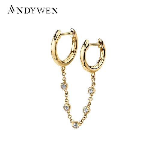 ANDYWEN 925 Sterling Silver Solid Safe Chain Double Huggies Crystal CZ Zircon Hoops Mini Plain Piercing 2 Clips Earring Jewelry