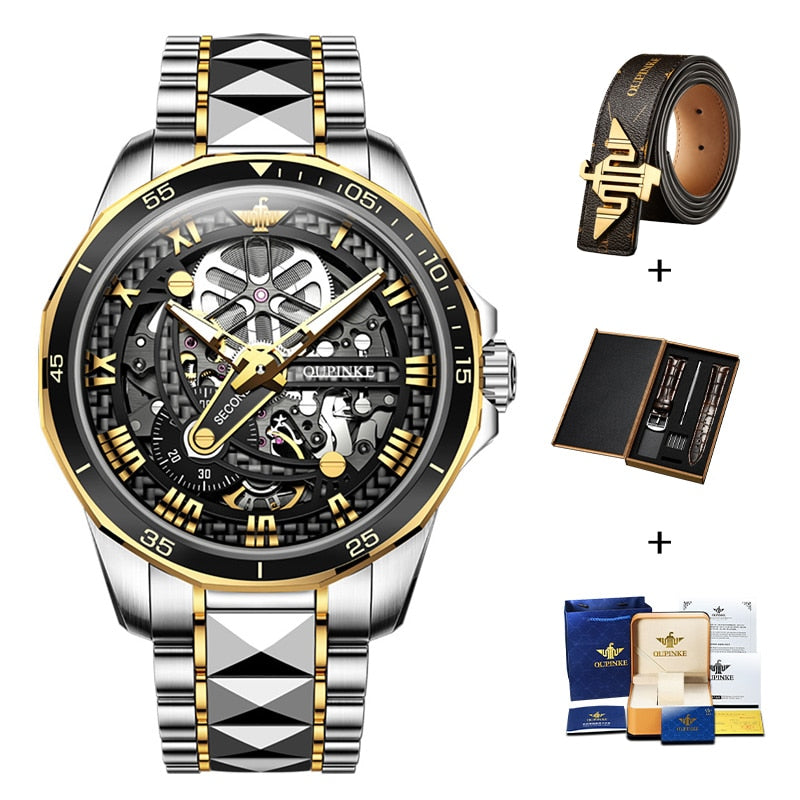 Black Skeleton Luxury Automatic Mechanical Sapphire Crystal Tungsten Steel Waterproof Luminous Watch - DJVWellnessandPets