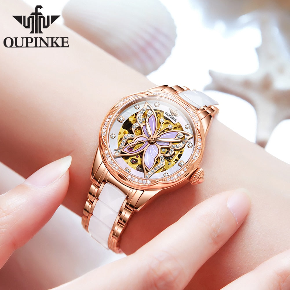 OUPINKE Automatic Luxury Sapphire Crystal Mirror Elegant Ceramics Band Ladies Wristwatch