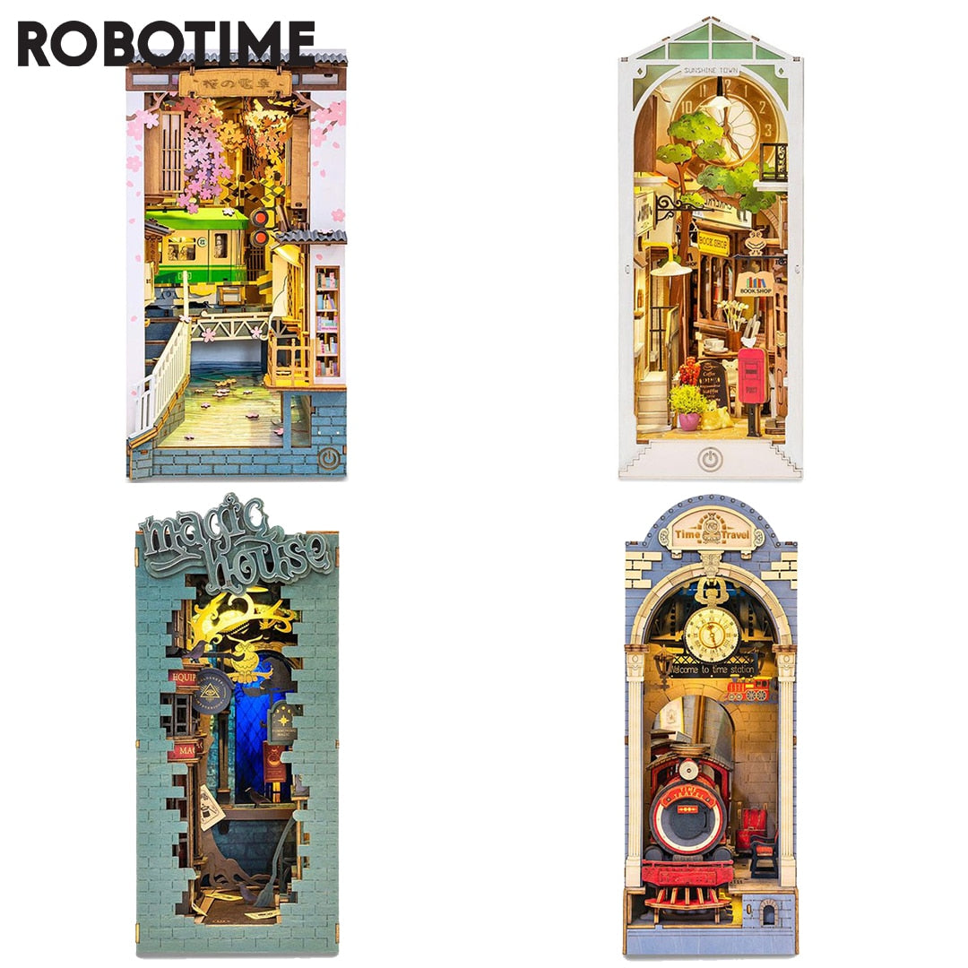 Robotime Rolife DIY Book Nook Japanese Sakura Densya Shelf Insert Wooden Miniature Dollhouse with Furniture Kits Xmas Gift