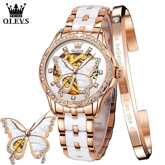 OLEVS Mechanical Elegant Luxury Dress Butterfly Diamond White Ceramic Band Watch Gift