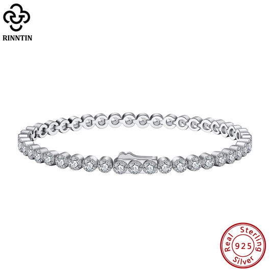 Rinntin 925 Sterling Silver Tennis Bracelet for Women 3.0mm Bezel Setting Cubic Zirconia Handmade Bracelet Jewelry SB133