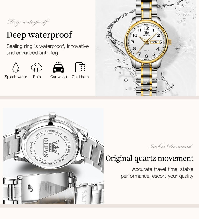 OLEVS Quartz Gold Silver Luxury Waterproof Stainless Steel Date Digital Watch Jewelry