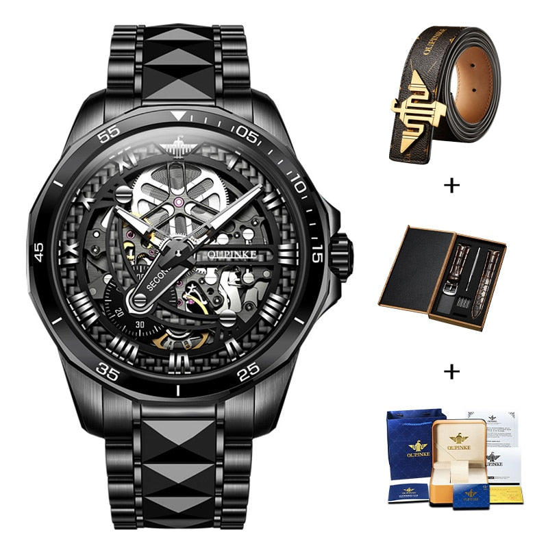 Black Skeleton Luxury Automatic Mechanical Sapphire Crystal Tungsten Steel Waterproof Luminous Watch - DJVWellnessandPets