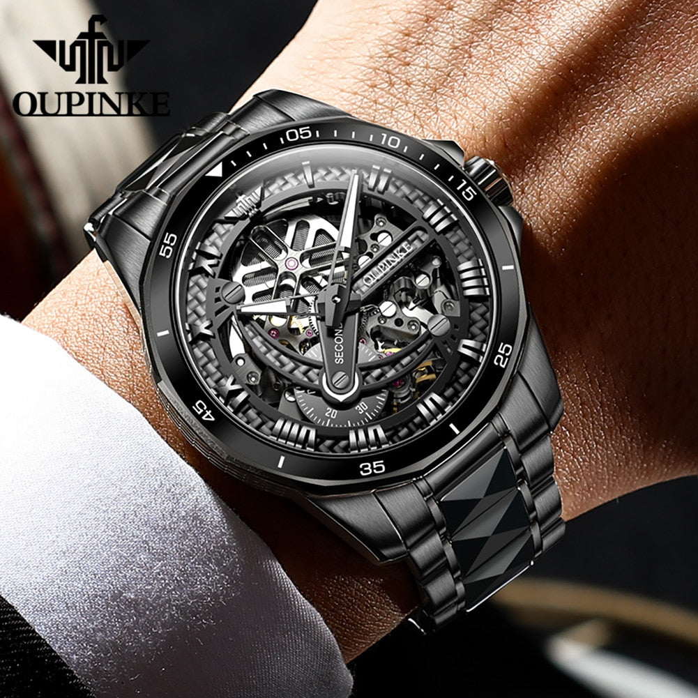 Black Skeleton Luxury Automatic Mechanical Sapphire Crystal Tungsten Steel Waterproof Luminous Watch - DJVWellnessandPets