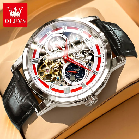 OLEVS New Mens Luxury Skeleton Automatic Mechanical Wrist Watches Waterproof Leather Moon Phrase Luminous Hands Self-Wind Watch