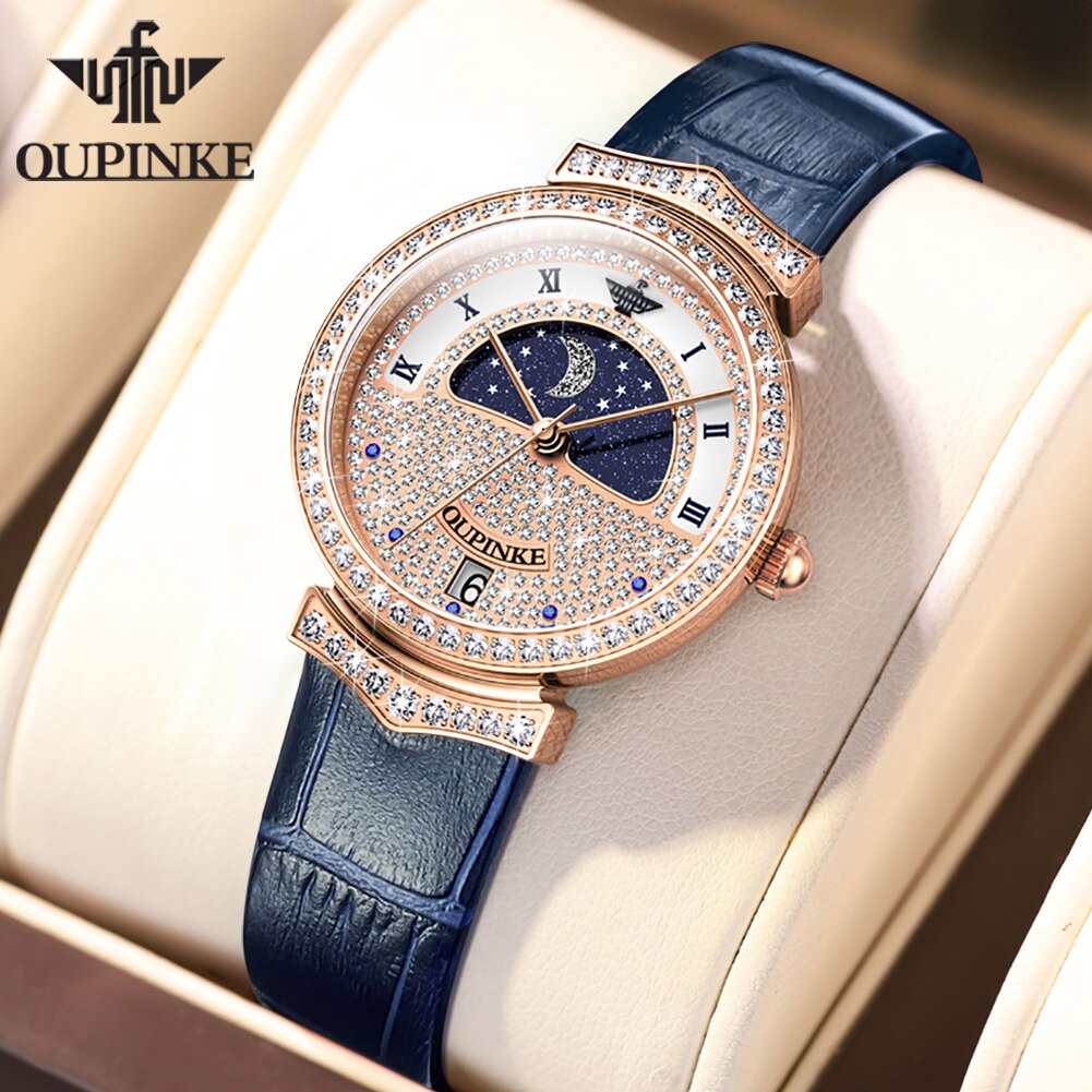 OUINKE Swiss Quartz High-Grade Diamond Wrist Watch Sapphire Crystal Moonswatch