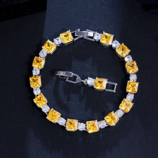 ThreeGraces Elegant Yellow Cubic Zirconia Geometric Square Tennis Bracelet for Women Fashion White Gold Color Party Jewelry B180