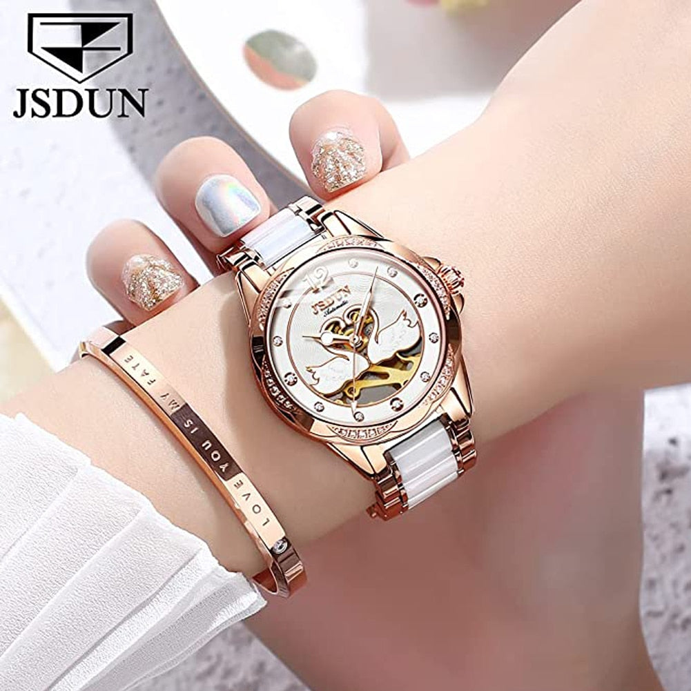 Luxury Mechanical Love Swan Design Elegant Ceramics Strap Waterproof  Watch - DJVWellnessandPets