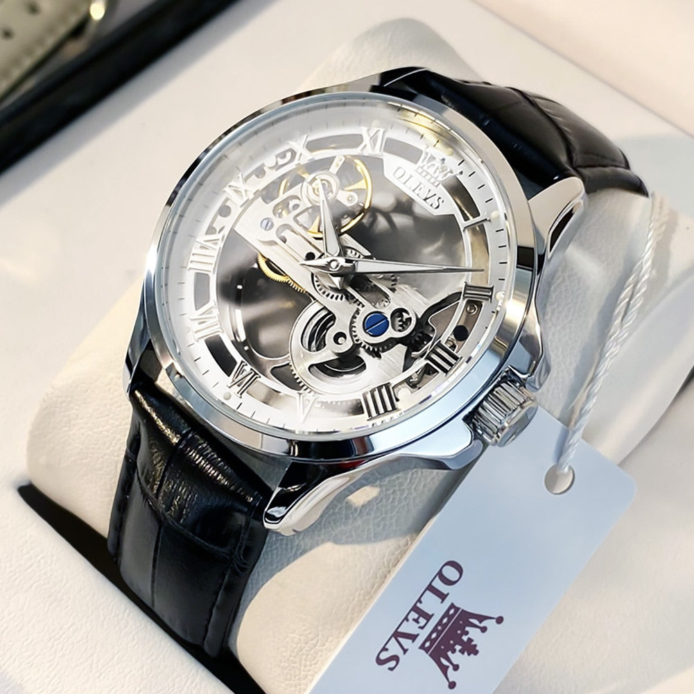 OLEVS Luxury Automatic Skeleton Design Waterproof Leather Strap Watch