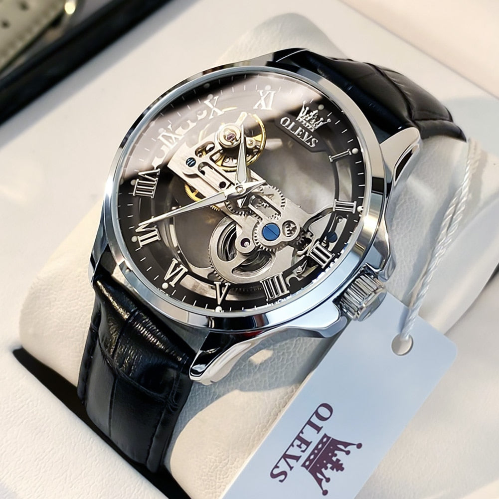 OLEVS Luxury Automatic Skeleton Design Waterproof Leather Strap Watch