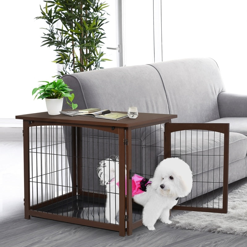 Wooden Decorative Dog Cage Pet Crate Fence Side Table Small Animal House with Tabletop, Lockable Door - Brown