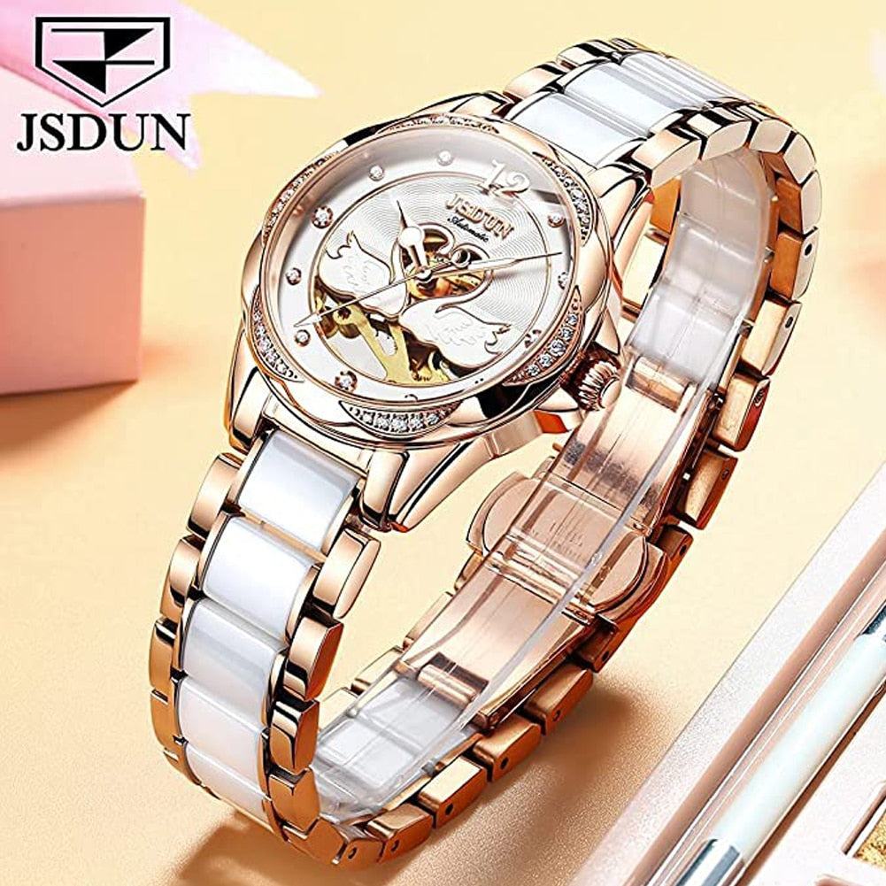 Luxury Mechanical Love Swan Design Elegant Ceramics Strap Waterproof  Watch - DJVWellnessandPets