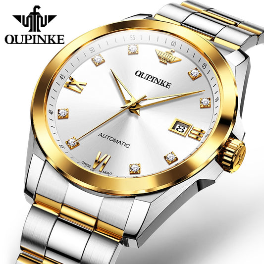 OUPINKE Original Mechanical Watches for Men Gold Luxury Real Diamond Sapphire Crystal Roman Business Dress Swiss Wrist Watch