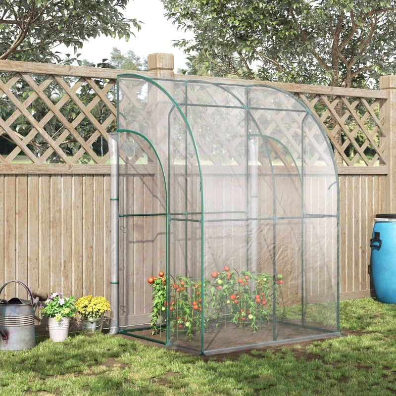 4.5&#39; x 4&#39; x 7&#39; Outdoor Walk-In Lean to Wall Tunnel Greenhouse with 2 Zippered Roll Up Doors PVC Cover Sloping Top, Clear, Green - DJVWellnessandPets