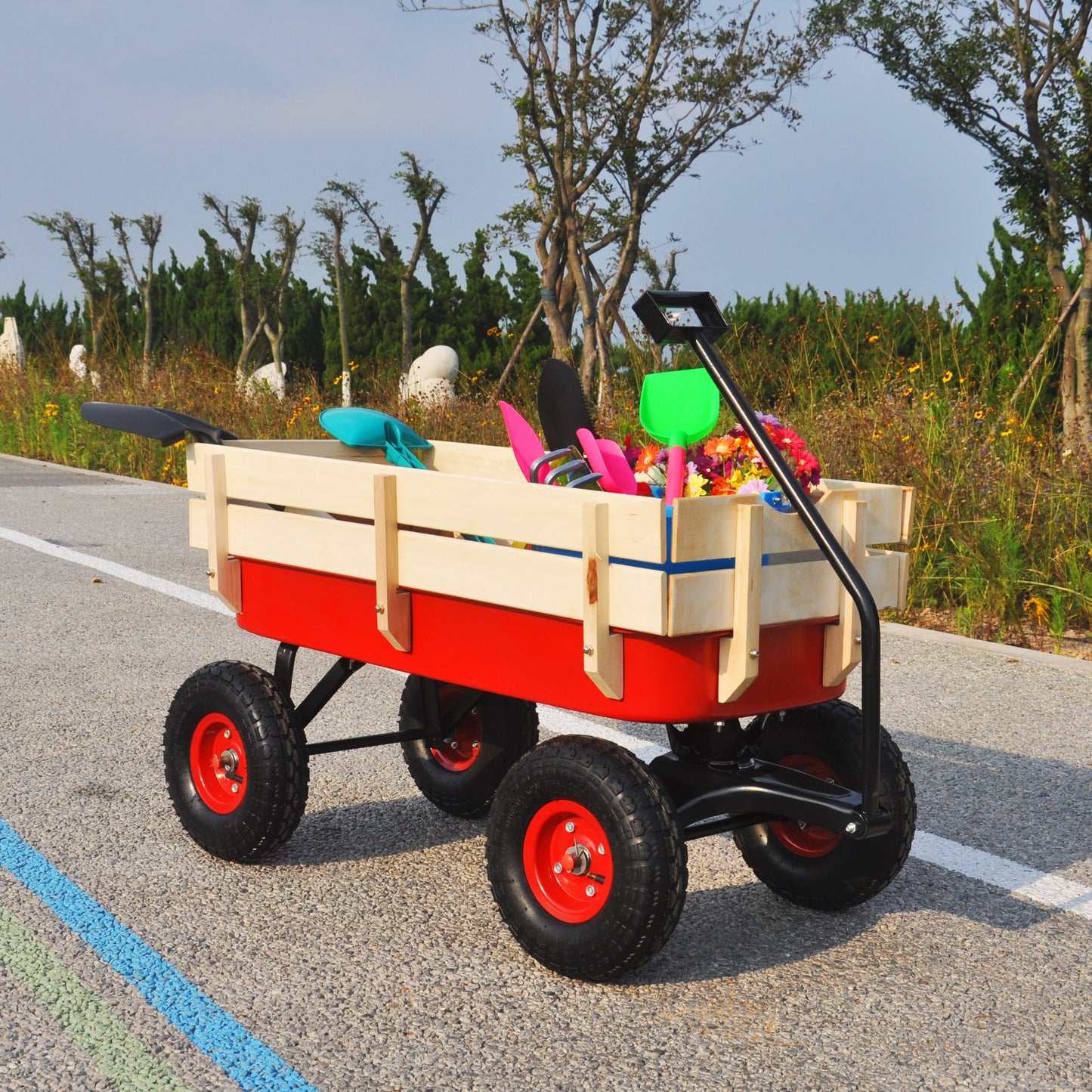 Tools Cart Wagon Cart Garden Cart Trucks Outdoor Wagon All Terrain Pulling w/Wood Railing Air Tires Children Kid Garden