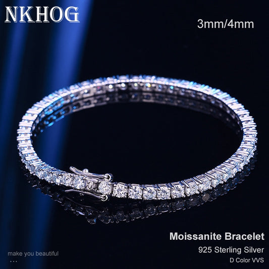 NKHOG Real 4mm Moissanite Tennis Bracelet For Women Men 925 Sterling Silver Party Wedding Bangles With GRA Fine Jewelry Gift