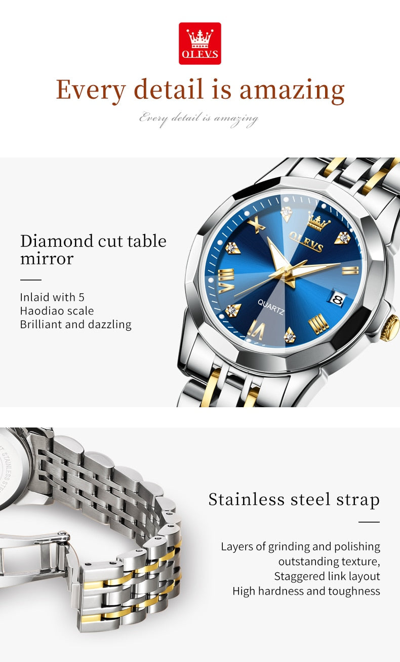 OLEVS Quartz Stainless Steel Dual Calendar Luxury Top Brand Waterproof Ladies Watches