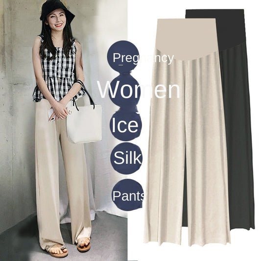 2022 Summer Pregnant Women Belly Pants Loose Fashion Leisure Ice Silk Wide-legged Pants Black Beige Maternity Straight Trousers