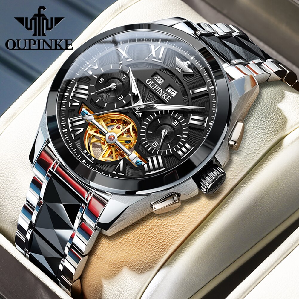 OUPINKE Waterproof Luminous Sapphire Tungsten Steel Date Automatic Watch