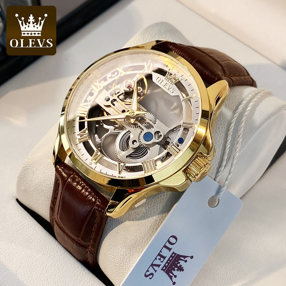 OLEVS Luxury Automatic Skeleton Design Waterproof Leather Strap Watch