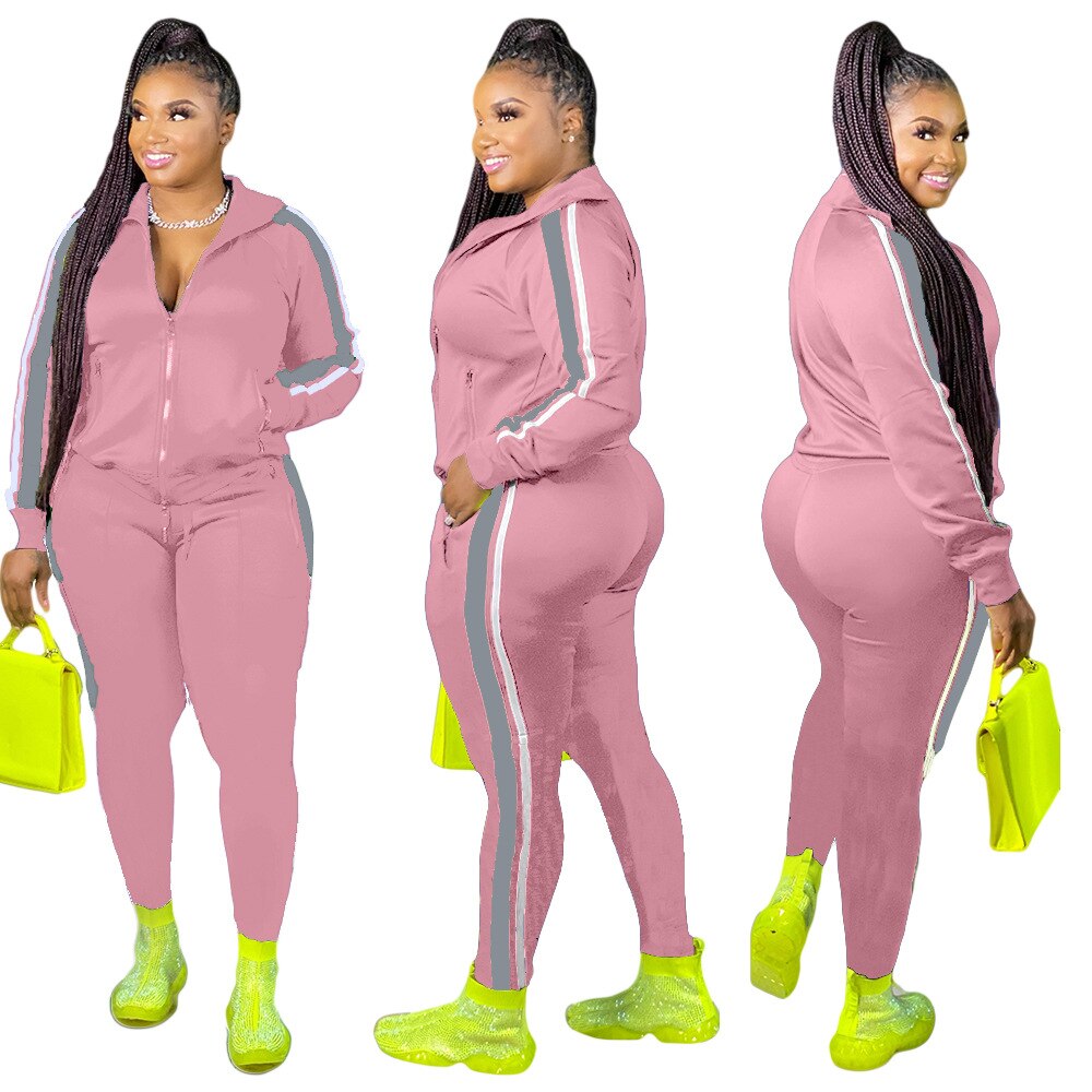 LW Plus Size Hooded Collar Patchwork Tracksuit Set Sweatsuit Joggers Outfit Zip - DJVWellnessandPets