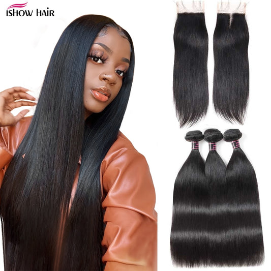 Ishow Straight Hair Bundles with Closure Transparent Lace Closure with Bundles Brazilian Human Hair Weave Bundles with Closure - DJVWellnessandPets