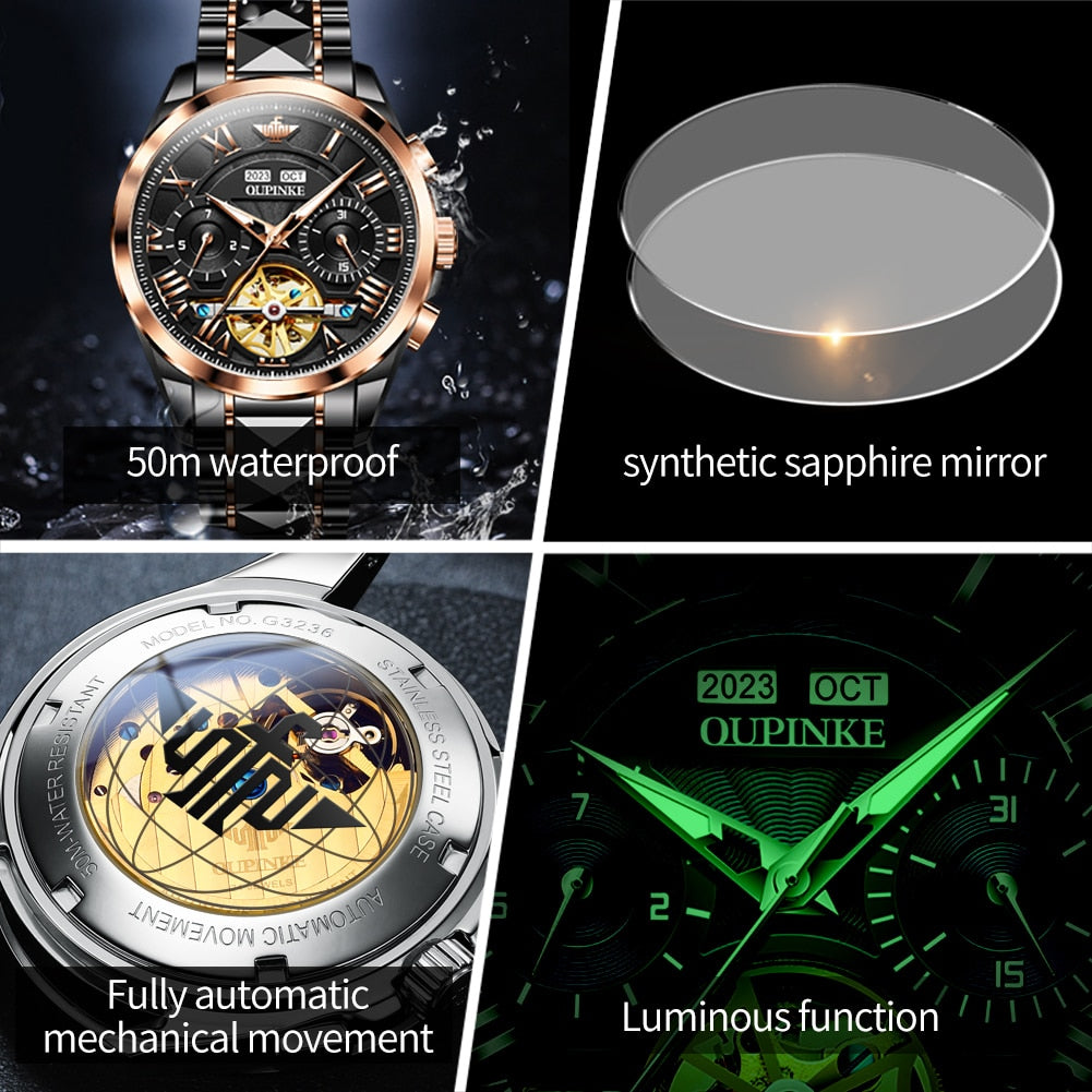 OUPINKE Waterproof Luminous Sapphire Tungsten Steel Date Automatic Watch