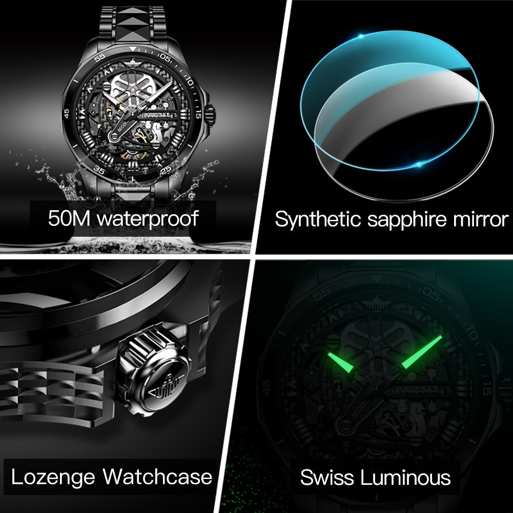 Black Skeleton Luxury Automatic Mechanical Sapphire Crystal Tungsten Steel Waterproof Luminous Watch - DJVWellnessandPets