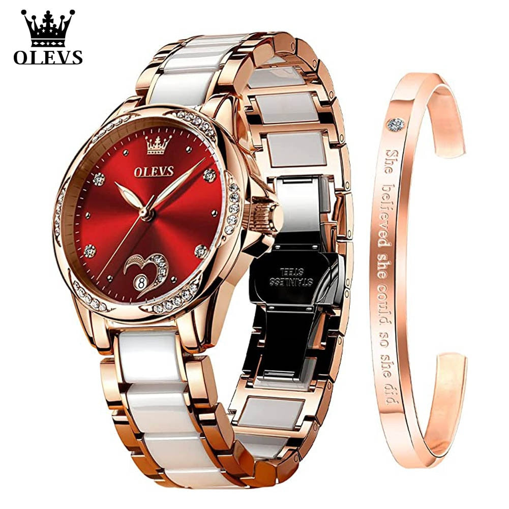 OLEVS Mechanical Wrist Wath Stainless Steel Ceramic Band Heart Diamond Dress Watch