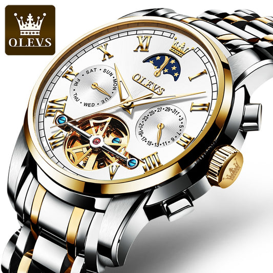 OLEVS Original Automatic Mechanical Watch for Men Brand Luxury Moon Phase Tourbillon Wristwatch Waterproof Luminous Moonswatch