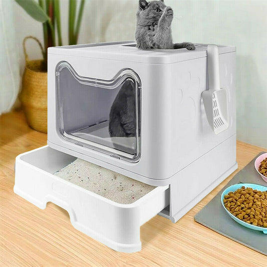 Front Entry Top Exit Cat Litter Box with Lid Foldable Large Kitty Litter Boxes Cats Toilet Including Plastic Scoop - DJVWellnessandPets