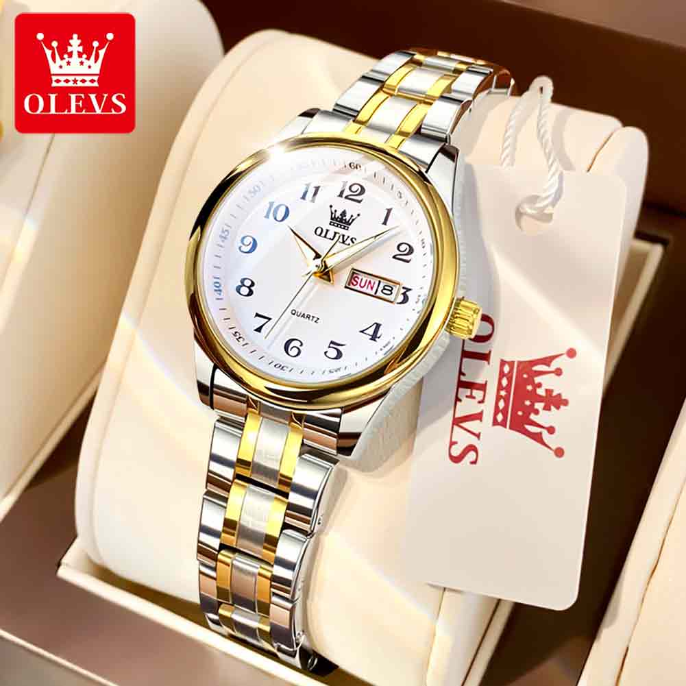 OLEVS Quartz Gold Silver Luxury Waterproof Stainless Steel Date Digital Watch Jewelry