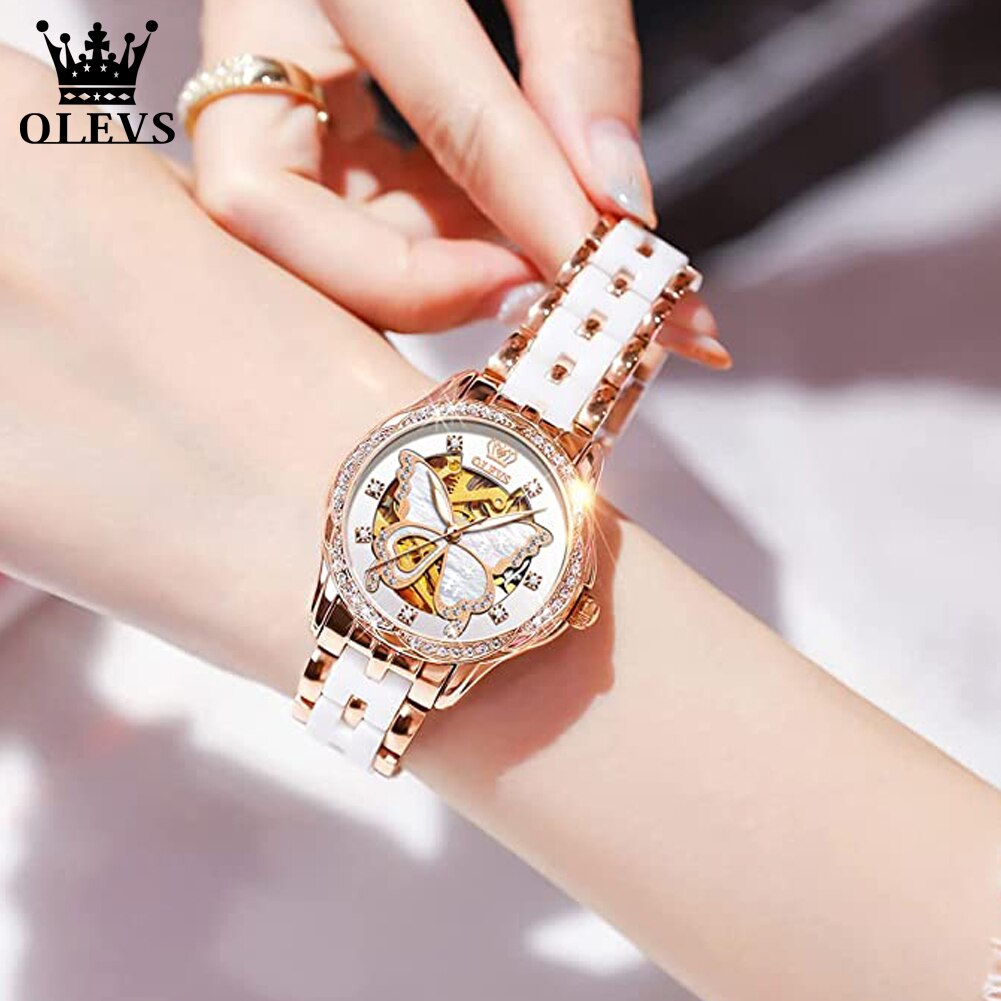 OLEVS Mechanical Elegant Luxury Dress Butterfly Diamond White Ceramic Band Watch Gift