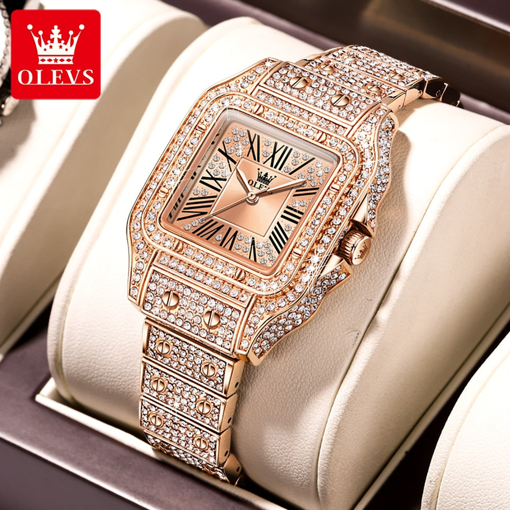 OLEVS Quartz All Diamond Luxury Waterproof Stainless Steel Rose Gold Elegant Watch