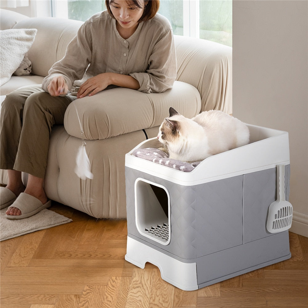 Foldable Cat Litter Box Large Pet Toilet+Cat Sand Shovel Easy Clean Leak-proof Enclosed - DJVWellnessandPets