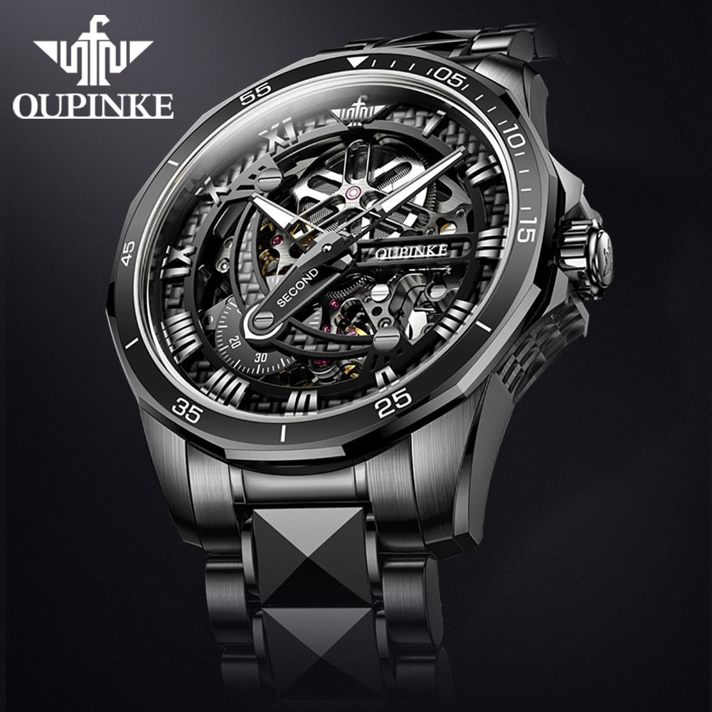 Black Skeleton Luxury Automatic Mechanical Sapphire Crystal Tungsten Steel Waterproof Luminous Watch - DJVWellnessandPets