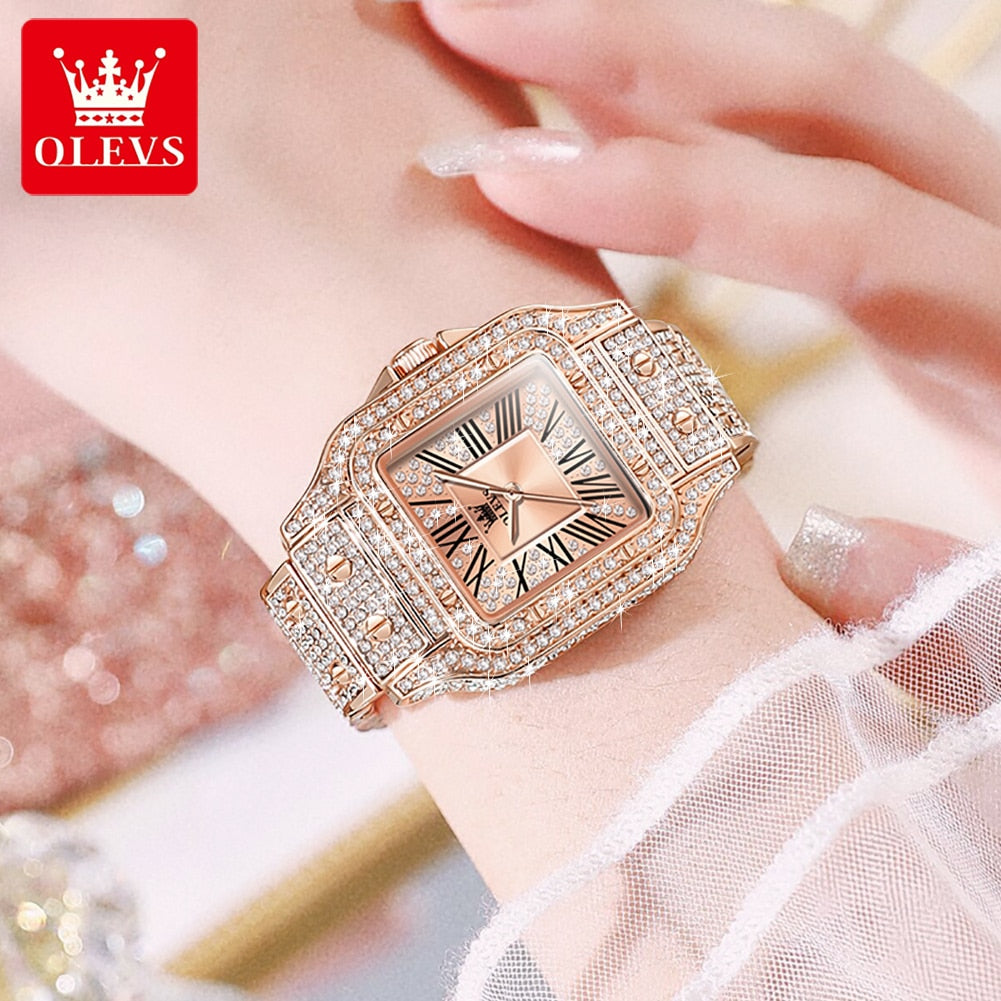 OLEVS Quartz All Diamond Luxury Waterproof Stainless Steel Rose Gold Elegant Watch