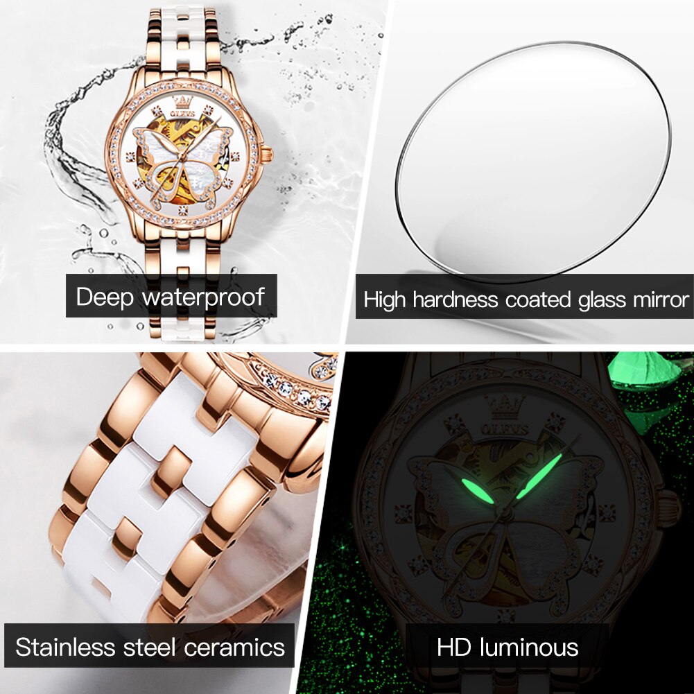 OLEVS Mechanical Elegant Luxury Dress Butterfly Diamond White Ceramic Band Watch Gift