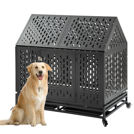 Heavy Duty Dog Crate Cage Strong Metal Frame Kennel Durable Indoor&Outdoor Kennel for Large Dog Easy to Assemble&Move W/4 Wheels